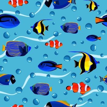 Abstract undersea seamless pattern. Kids background. Fish underwater with bubbles. Pattern of fish for textile fabric or book covers, wallpapers, design, graphic art, wrapping. Abstract undersea seamless pattern. Kids vector background.