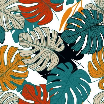 Colorful monstera leaves backdrop. Tropical pattern, botanical leaf seamless pattern. Trendy design for Printing, textile, fabric, fashion, interior, wrapping paper concept. Vector illustration. Colorful monstera leaves backdrop. Tropical pattern, botanical leaf seamless pattern.