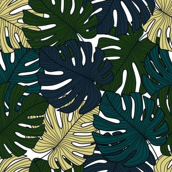 Tropical pattern, botanical leaf seamless pattern. Green monstera leaves backdrop. Exotic design for rrinting, textile, fabric, fashion, interior, wrapping paper concept. Vector illustration. Tropical pattern, botanical leaf seamless pattern. Green monstera leaves backdrop.