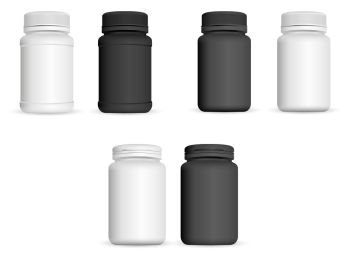 Realistic medicine bottles set. Pharmaceutical and healthy product mockup template. Black and white colour plastic jars for capsule, pills, vitamin. Vector illustration.. Realistic medicine bottles set. Pharmaceutical 3d