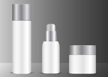 White cosmetics set with silver lids. Bottles for toner, serum and cream jar. Isolated vector illustration. EPS10 format.. Cosmetics set with silver lids. Bottles, jar serum