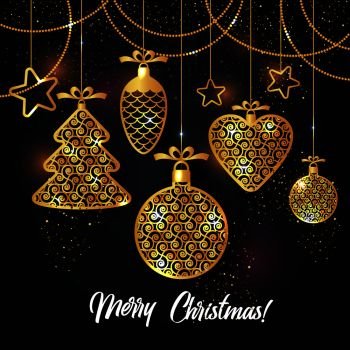 Vector illustration of christmas background with christmas ball star snowflake confetti gold.. Vector illustration of christmas background with christmas ball star snowflake confetti gold on black color.