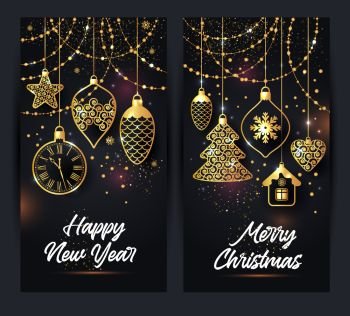 Vector illustration of christmas background with christmas ball star snowflake confetti gold on black color.. Vector banners illustration of christmas background with christmas ball star snowflake confetti gold on black color.