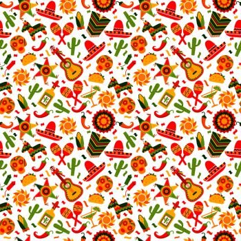 Cinco de Mayo celebration in Mexico, seamless pattern ond brown with, food, sambrero, tequila, cactus.. Cinco de Mayo celebration in Mexico, seamless pattern ond white, food, sambrero, tequila, cactus.Vector illustration.