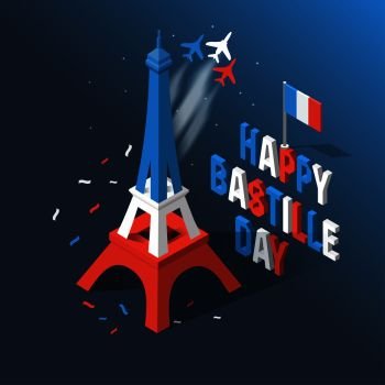 Bastille Day, Independence Day of France, symbols. French flag and map icons set in 3d style. Eiffel Tower icon.. Bastille Day, Independence Day of France, symbols. French flag and map icons set in 3d style.
