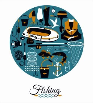 Fishing background. Color Fishihg icon set on white.