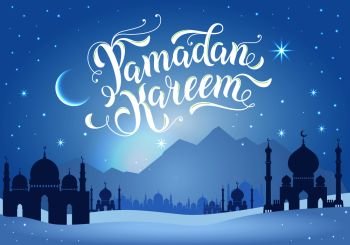 Ramadan Kareem illustration with mountains and mosques.. Ramadan Kareem illustration with mountains and mosques in blue.