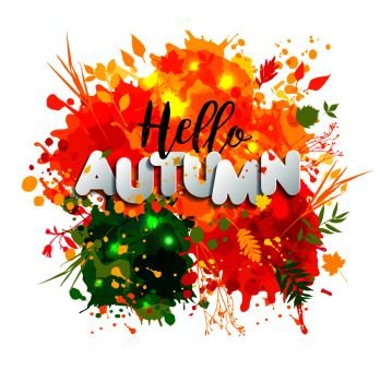 Text Autumn in paper style on multicolor blots background with black calligraphic autumn text. Hand drawn grunge blots elements. Fall style for autumn sale.. Text Autumn in paper style on multicolor blots background with black calligraphic autumn text. Hand drawn grunge blots elements.