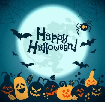 Halloween background of cheerful pumpkins with moon.. Halloween background of cheerful pumpkins.