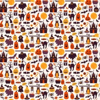Seamless pattern of halloween for autumn celebration with icons in flat style. Vector design illustration of halloween.. Seamless pattern of halloween for autumn celebration with icons 