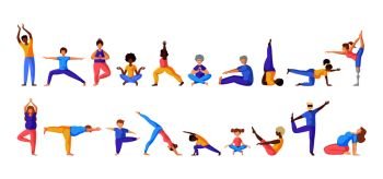 Different people doing yoga, adults, children, elderly men and women doing sport exercises. African Americans and Europeans - large group of persons. Isolated elements on white background, vector set . Yoga Different People 