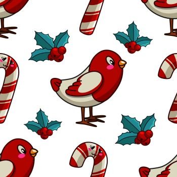 Christmas seamless pattern with kawaii little bird bullfinch, candy cane, lollipop and holly plant, endless texture for print, textile, scrapbook, wrapping paper, new year background - vector. vector kawaii Christmas collection