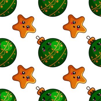 Christmas seamless pattern with kawaii smiling christmas decorative green glass balls and stars, endless texture for print, textile, scrapbook or wrapping paper, new year background - vector. vector kawaii Christmas collection
