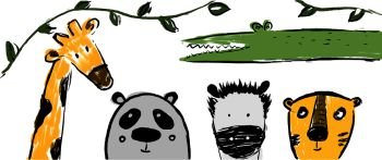 Hand drawn safari animals: panda, tiger,crocodile, 

zebra, giraffe. Can be used for child poster, book, card, t-shirt. 