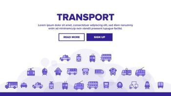 Public Transport And Vehicle Landing Web Page Header Banner Template Vector. Passenger Urban Transport. Bus, Taxi Cab, Trolley, Train Side And Front View Illustration. Public Transport And Vehicle Landing Header Vector