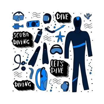 Scuba diving set of elements, lettering and equipment. Underwater activity symbols and accessories. Diver wetsuit, mask, snorkel, aqualung and other items. Vector poster conceptual illustration.