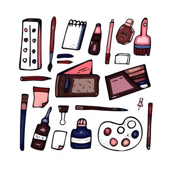 Set of vector art supplies. Collection of hand drawn stationery. 