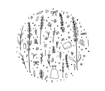 Lavender round composition in doodle style. Flowers elements circle sketch badge isolated on white background. Vector illustration.