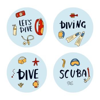 Set of round badges of scuba diving elements, lettering and equipment. Underwater activity symbols and accessories. Diver mask, aqualung, flippers and other gears. Vector color illustration.