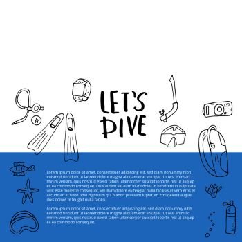 Banners template with scuba diving set of elements  and equipment. Underwater activity symbols and accessories background with space for text. Scuba mask, aqualung and other items. Vector illustration.