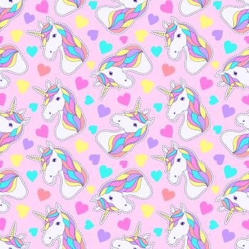 Seamless pattern with colorful unicorn and hearts on pink background.