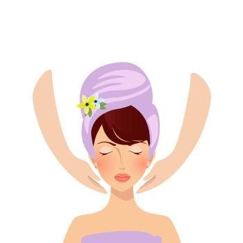 Beautiful woman having massage in spa salon isolated on white background. Masseur hands and girl face with closed eyes top view. Beauty cosmetics applying Cartoon flat vector illustration, clip art. woman apply spa massage or cosmetics procedures