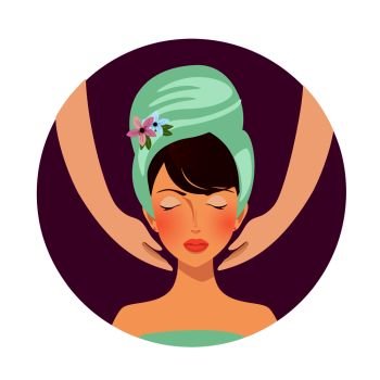Face massage in spa salon. Relaxed woman with closed eyes and towel on head portrait and hands. Girl relaxation skin care medical procedure wellness. Cartoon Flat Illustration, Icon Clip art. Face massage spa salon skin care medical procedure