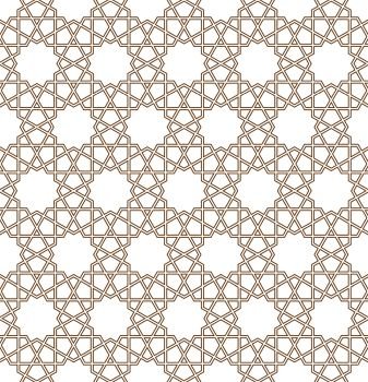 Seamless geometric ornament based on traditional arabic art.Brown color outlines.Great design for fabric,textile,cover,wrapping paper,background.. Seamless arabic geometric ornament in brown color.