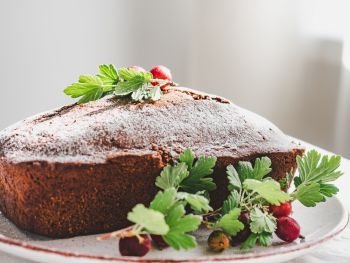 Chocolate cake, fresh berries, vintage plate on a white background. Chocolate cake, fresh berries and vintage plate