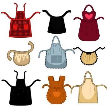 Aprons different isolated vector icons. Set of color houswife cloth aprons for kitchen cooking, sewing or maid and baby pinafore and waiter apron garment uniform. Aprons different isolated vector icons. 