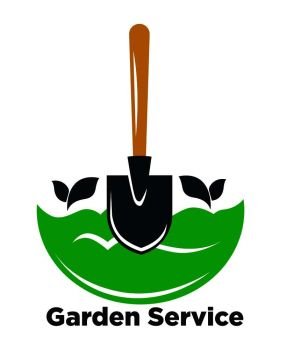 Garden service promotional logotype with spade and green ground. Plants growing advertisement emblem with equipment for work with ground isolated cartoon flat vector illustration on white background.. Garden service promotional logotype with spade and green ground