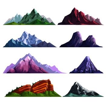 Mountain nature flat isolated icons. Vector set of alpine mountain rocks, mount peaks in snow or rocky canyons in sky clouds for mountain landscape. Mountain rocks or alpine mount hills nature flat isolated icons set
