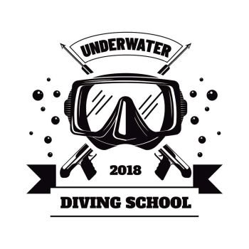 Underwater diving school 2018 logotype with mask and special weapon for sharks. Extremal hobby promotional emblem. Sea bottom exploration club logo isolated monochrome flat vector illustration.. Underwater diving school 2018 logotype with mask and weapon