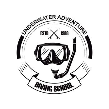 Diving school or scuba diver club logo template. Vector icon of snorkeling pipe and ribbon for underwater diving adventure. Diving school vector scuba mask icon