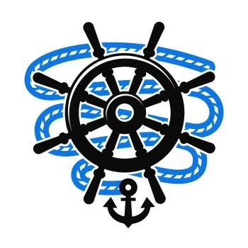 Marine anchor and captain helm logo nautical design. Vector icon of boat steering wheel and ship rope for yachting club. Marine anchor helm wheel and rope vector icon