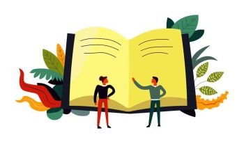 Book and people discussing topics leaves vector. Opened text of publication, male and woman with ideas about content of textbook. Discussion and educational literature, teacher explaining to female. Book and people discussing topics leaves decor vector