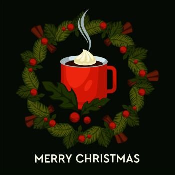 Merry Christmas, hot drink with cinnamon in mug vector. Warm coffee beverage with melting marshmallow. Candies lollipop and cookies made of ginger, traditional mistletoe plant with red berries. Merry Christmas, hot drink with cinnamon in mug vector.