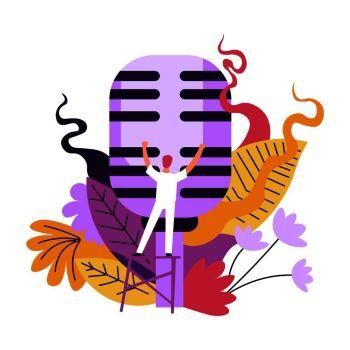 Music concert, conductor standing by big microphone for vocalist vector. Singers mike, old fashioned mic for singing songs and giving musical performance. Stage with foliage and leaves decoration. Music concert, conductor standing by big microphone for vocalist