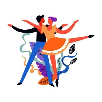 Dance classes, dancing pair hobby of man and woman vector. Pastime of people, romantic activity of couple, partners in movements, learning new styles and techniques. Foliage and leaves decor. Dance classes, dancing pair hobby of man and woman