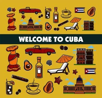 Cuban culture promo banner with national symbols set. Retro cabriolet, female dress, exotic fruits, natural coffee, strong cigar, recliner under umbrella and old building cartoon vector illustrations.. Cuban culture promo banner with national symbols set.