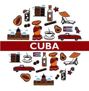 Travel to Cuba promo poster with national symbols. Architectural symbols, red cabriolet, fragrant coffee, famous rum, natural cigar, female dress, exotic fruits and soft recliner vector illustrations.. Travel to Cuba promo poster with national symbols.