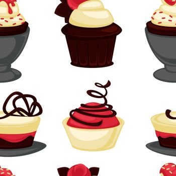Bakery and cakes baked culinary products seamless pattern vector. Chocolate ingredients and topping, lollipop and cakes, candies with stuffing vanilla flour. Strawberry taste sweet food dessert. Bakery and cakes baked culinary products seamless pattern vector.