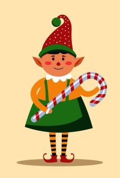 Elf wearing traditional clothes holding candy stick lollipop vector. Pixie leprechaun with symbolic sweets of Christmas and new years eve. Santa Claus helper standing calmly, dwarf with long ears. Elf wearing traditional clothes holding candy stick lollipop