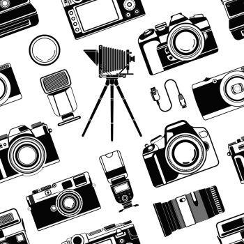 Camera photograph, portable old style apparatus equipment for photographers seamless pattern vector. Monochrome icons of optical lens and objectives for making good photo. Photography art and. Camera photograph, portable old style apparatus equipment for photographers seamless pattern vector.