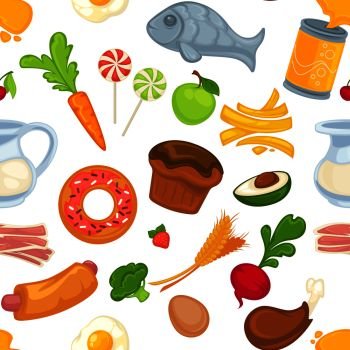 Food and cakes, bun and meat bacon, meal vector. Healthy and unhealthy products and ingredients, carrots and apples, lollipop on stick, fish and avocado, beetroot and raw egg, hot dog and chicken. Food and cakes, bun and meat bacon, meal