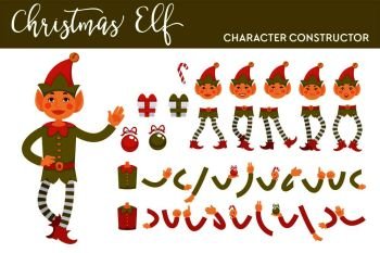 Christmas elf character constructor with body parts in festive costume and holiday presents set isolated cartoon vector illustration on white background. Magic fantastic personage from North Pole.. Christmas elf character constructor with body parts in festive costume and holiday presents set isolated