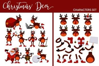 Christmas deer character set winter holiday animal parts vector reindeer walking with sack full of presents skating and singing with Santa Claus animal with horns holding gifts decorated with bows.. Christmas deer character set winter holiday animal parts