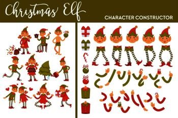 Christmas elf winter character set activities and body parts vector leprechaun wearing traditional clothes male and female with cooked gingerbread cookies presents and gifts in boxes with ribbons.. Christmas elf winter character set activities and body parts