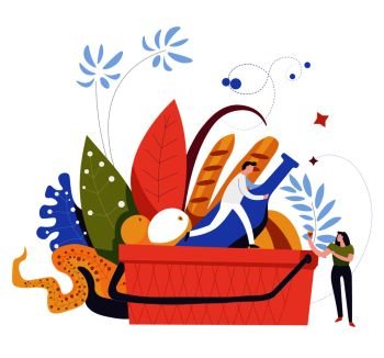 Picnic basket with food and wine bottle drink vector person standing with glass asking to fill booze bread and vegetables in container nature and ecological area man and woman with foliage decor.. Picnic basket with food and wine bottle drink