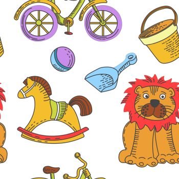 Kid toys and children playthings collection for kindergarten girls and boys seamless pattern. Vector isolated icons of ball, doll or car and bear with rabbit, ship or gun and rocket or tank and musical instruments. Kid toys and children playthings collection for kindergarten girls and boys seamless pattern.
